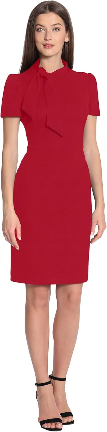 Maggy London Women's Midi Short Sleeve Sheath with Neck Tie Career Office Work Wear
