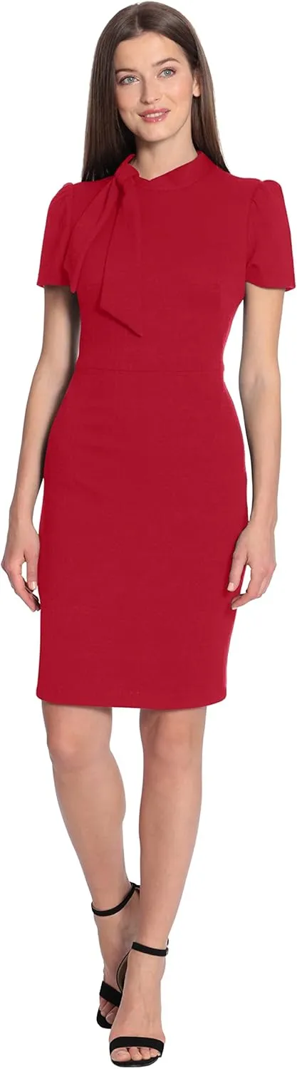 Maggy London Women's Midi Short Sleeve Sheath with Neck Tie Career Office Work Wear