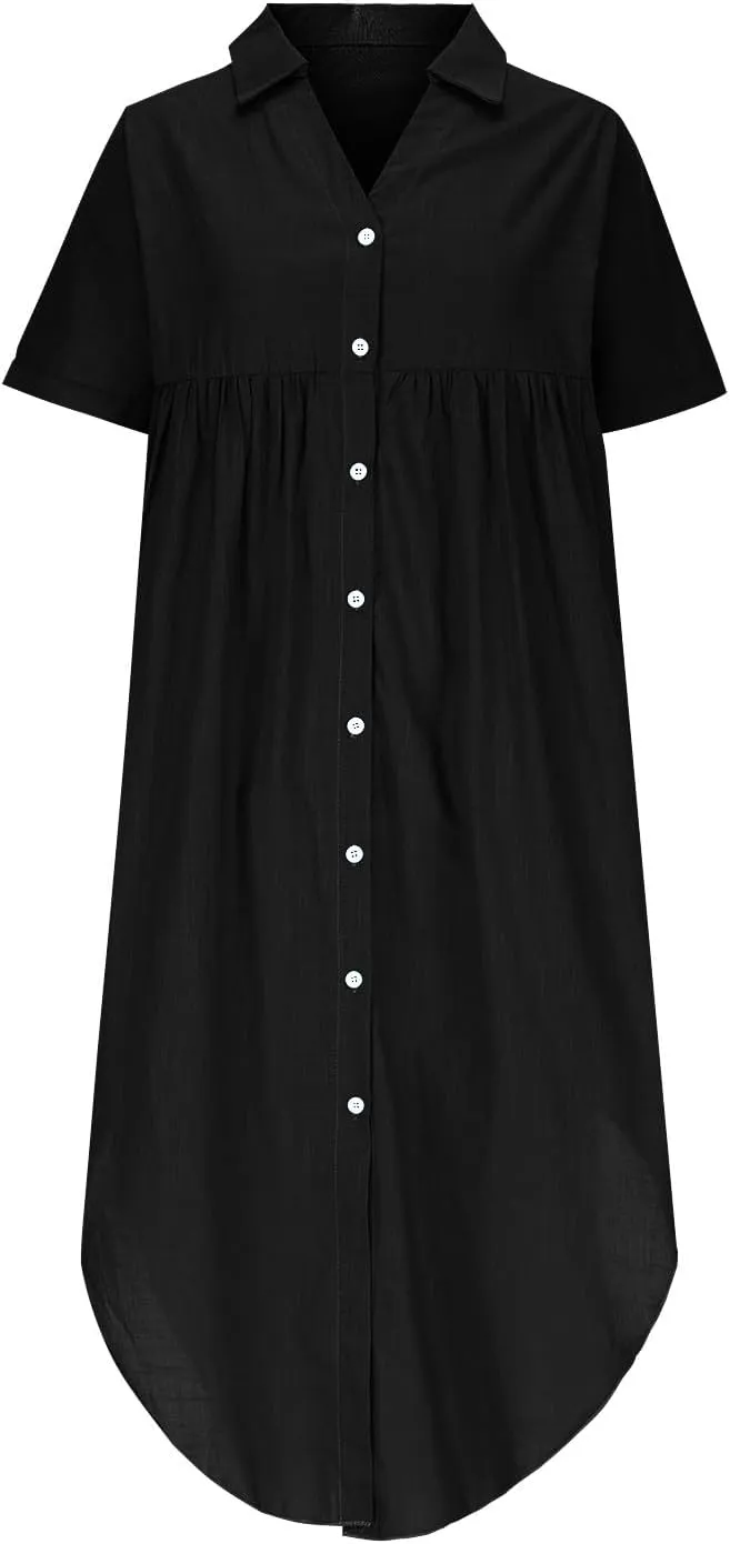 Midi Dresses for Women 2025 Vacation Button Short Sleeve Shirt Dress Casual Loose Flowy Long Linen Dress Sundress