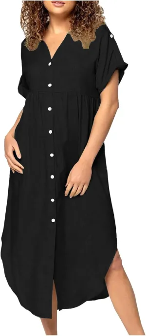 Midi Dresses for Women 2025 Vacation Button Short Sleeve Shirt Dress Casual Loose Flowy Long Linen Dress Sundress