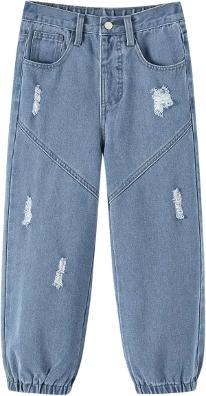 MyFav Boys' Ripped Denim Jeans Taper Fit Kids Fashion Loose Casual Trousers Long Pants