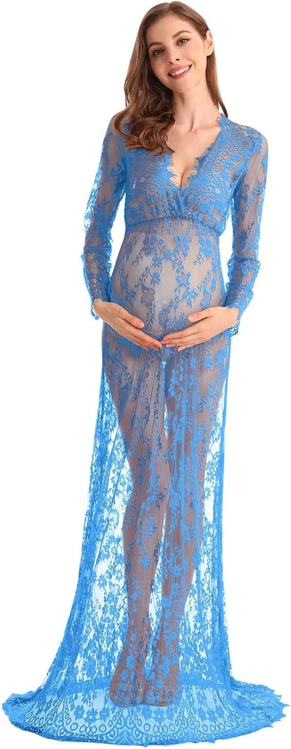 MYRISAM Boudoir Maternity Long Sleeve Lace Dress Women Deep V-Neck Wedding Party Long Dress Milk Bath Photoshoot Gown
