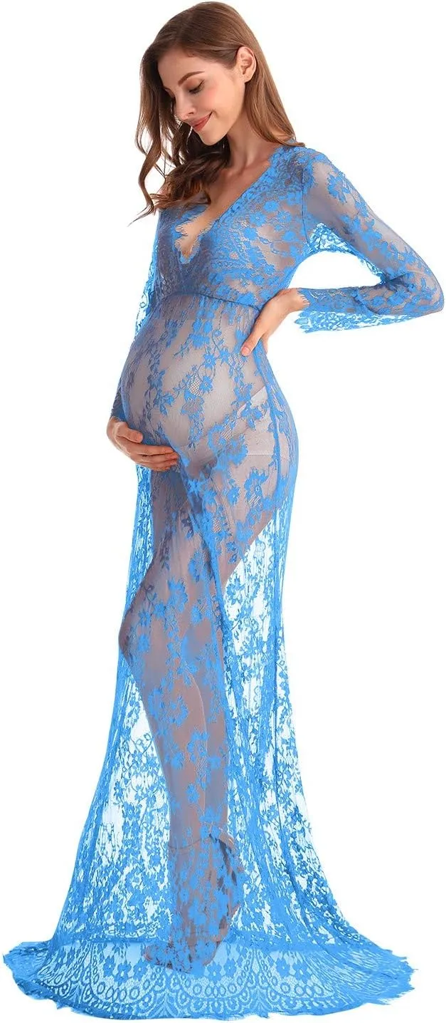 MYRISAM Boudoir Maternity Long Sleeve Lace Dress Women Deep V-Neck Wedding Party Long Dress Milk Bath Photoshoot Gown