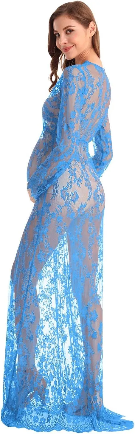 MYRISAM Boudoir Maternity Long Sleeve Lace Dress Women Deep V-Neck Wedding Party Long Dress Milk Bath Photoshoot Gown