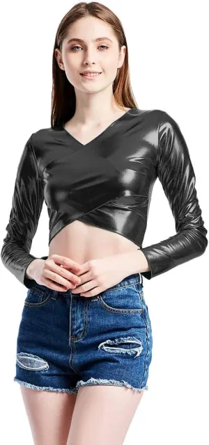 OBEEII Womens Metallic Crop Top Long Sleeve Shirt Shiny V Neck Tank Tops Holographic Night Out Rave Festival Club Top