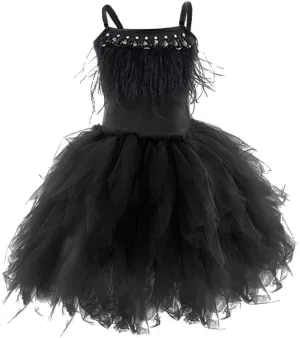 Swan Princess Feather Fringes Tiered Tutu Tulle Flower Girls Dress Wedding Ballerina Dance Pageant Birthday Party Prom Gown