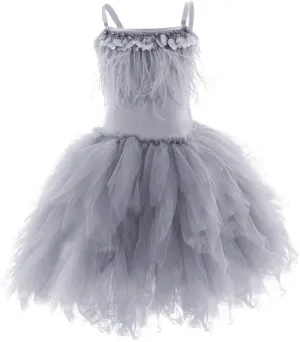 Swan Princess Feather Fringes Tiered Tutu Tulle Flower Girls Dress Wedding Ballerina Dance Pageant Birthday Party Prom Gown
