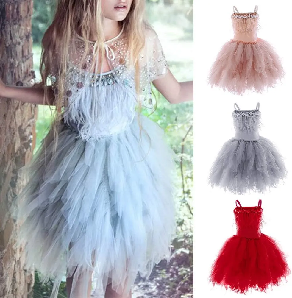 Swan Princess Feather Fringes Tiered Tutu Tulle Flower Girls Dress Wedding Ballerina Dance Pageant Birthday Party Prom Gown