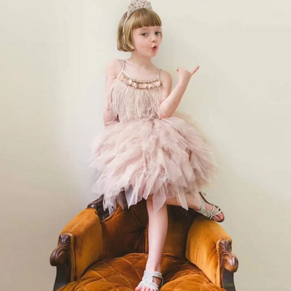 Swan Princess Feather Fringes Tiered Tutu Tulle Flower Girls Dress Wedding Ballerina Dance Pageant Birthday Party Prom Gown