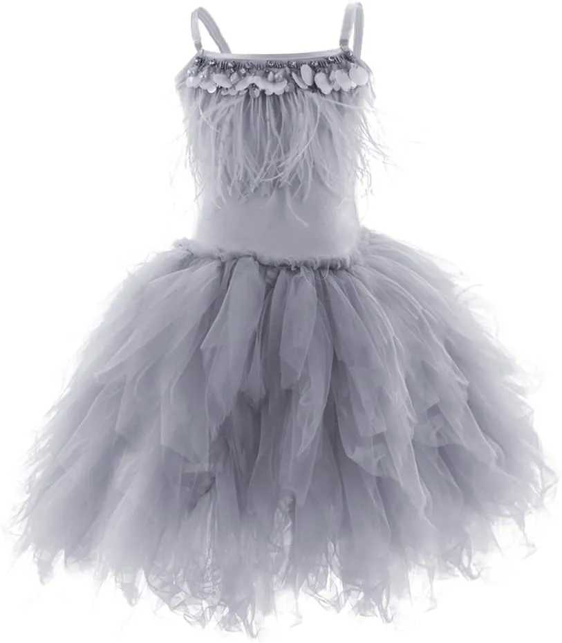Swan Princess Feather Fringes Tiered Tutu Tulle Flower Girls Dress Wedding Ballerina Dance Pageant Birthday Party Prom Gown