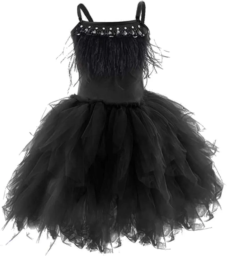 Swan Princess Feather Fringes Tiered Tutu Tulle Flower Girls Dress Wedding Ballerina Dance Pageant Birthday Party Prom Gown