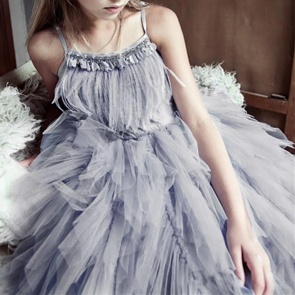 Swan Princess Feather Fringes Tiered Tutu Tulle Flower Girls Dress Wedding Ballerina Dance Pageant Birthday Party Prom Gown