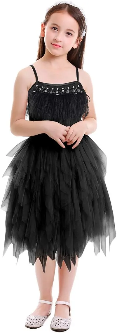 Swan Princess Feather Fringes Tiered Tutu Tulle Flower Girls Dress Wedding Ballerina Dance Pageant Birthday Party Prom Gown