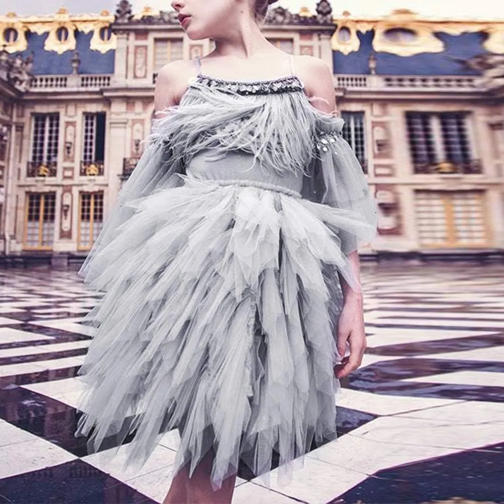 Swan Princess Feather Fringes Tiered Tutu Tulle Flower Girls Dress Wedding Ballerina Dance Pageant Birthday Party Prom Gown