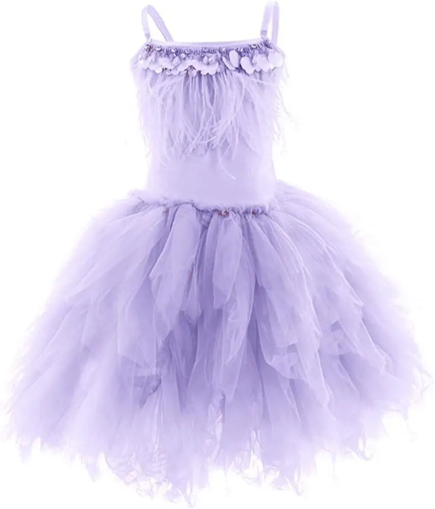 Swan Princess Feather Fringes Tiered Tutu Tulle Flower Girls Dress Wedding Ballerina Dance Pageant Birthday Party Prom Gown