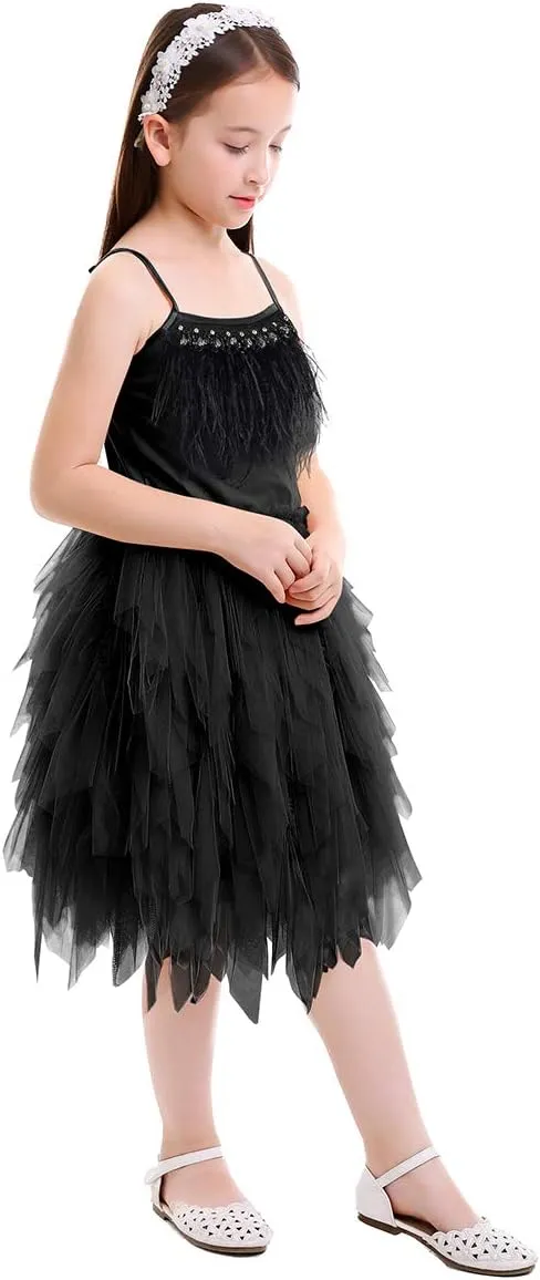 Swan Princess Feather Fringes Tiered Tutu Tulle Flower Girls Dress Wedding Ballerina Dance Pageant Birthday Party Prom Gown