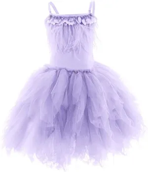 Swan Princess Feather Fringes Tiered Tutu Tulle Flower Girls Dress Wedding Ballerina Dance Pageant Birthday Party Prom Gown