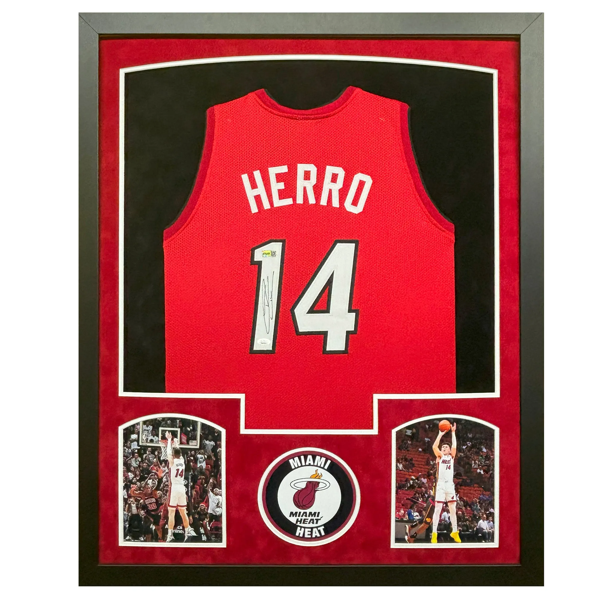 Tyler Herro Signed Miami Red Custom Suede Matte Framed Basketball Jersey (JSA)