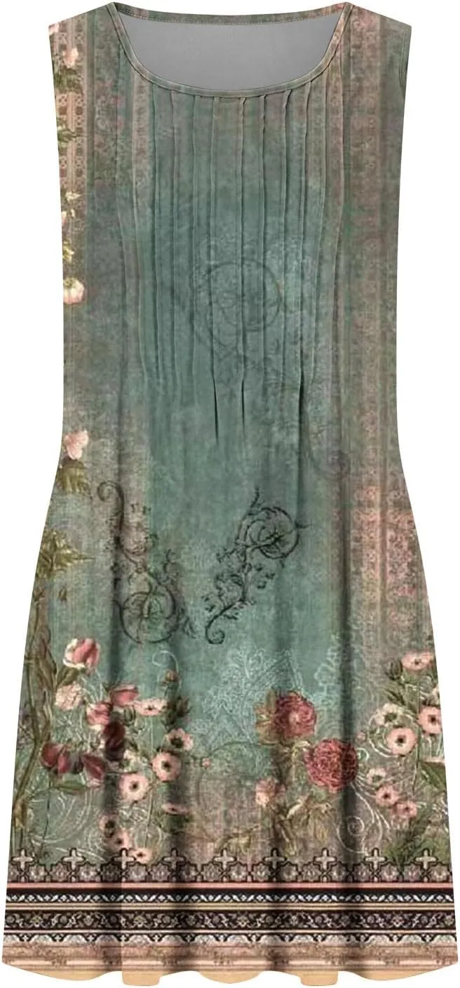Vacation Dresses for Women 2025 Casual Loose Crewneck Sleeveless Sun Dress Floral Boho Summer Dress with Pockets