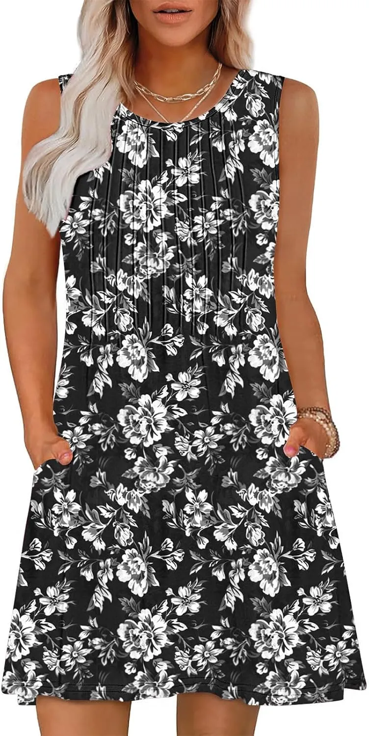 Vacation Dresses for Women 2025 Casual Loose Crewneck Sleeveless Sun Dress Floral Boho Summer Dress with Pockets