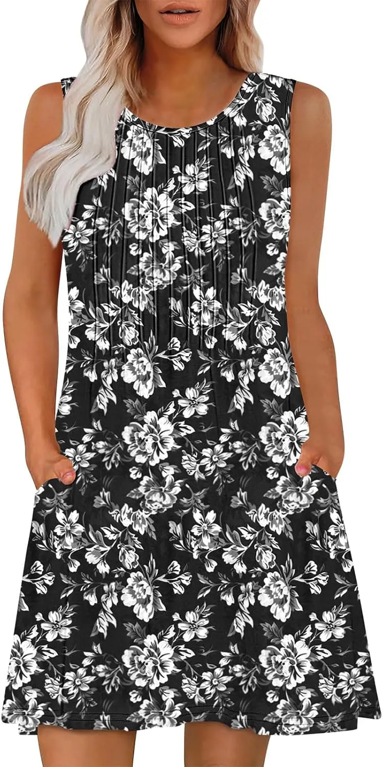 Vacation Dresses for Women 2025 Casual Loose Crewneck Sleeveless Sun Dress Floral Boho Summer Dress with Pockets
