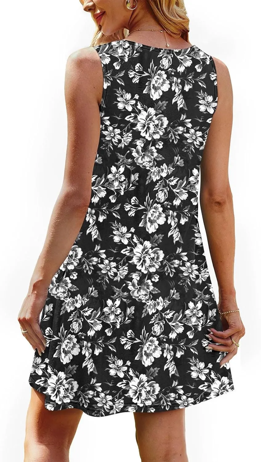 Vacation Dresses for Women 2025 Casual Loose Crewneck Sleeveless Sun Dress Floral Boho Summer Dress with Pockets