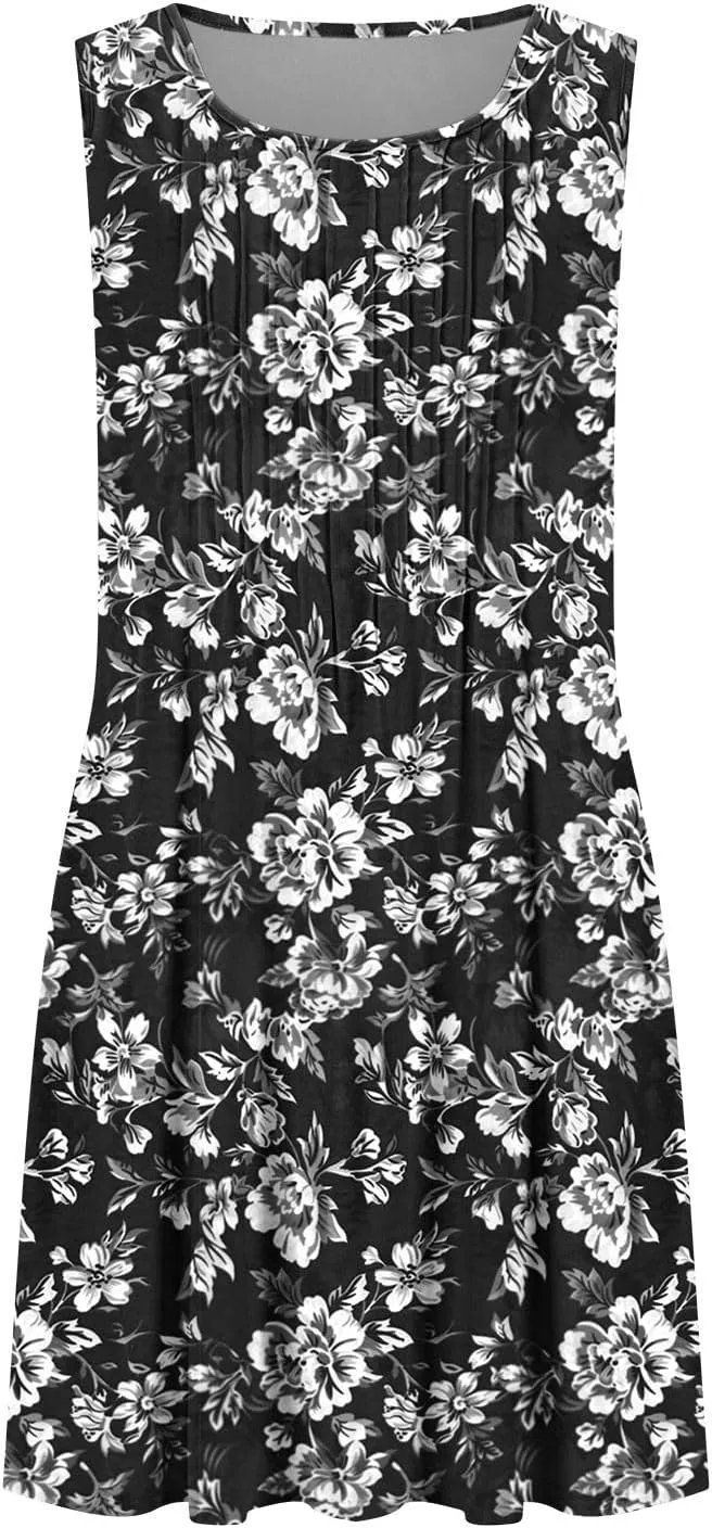 Vacation Dresses for Women 2025 Casual Loose Crewneck Sleeveless Sun Dress Floral Boho Summer Dress with Pockets