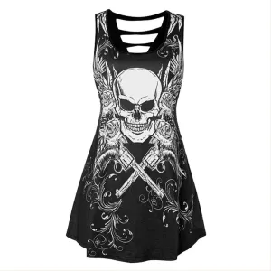 Women Sexy V-Neck Skull Print Sleeveless Bodycon Dress Club Party Mini Tank Dress Summer Shirt Dress Plus Size