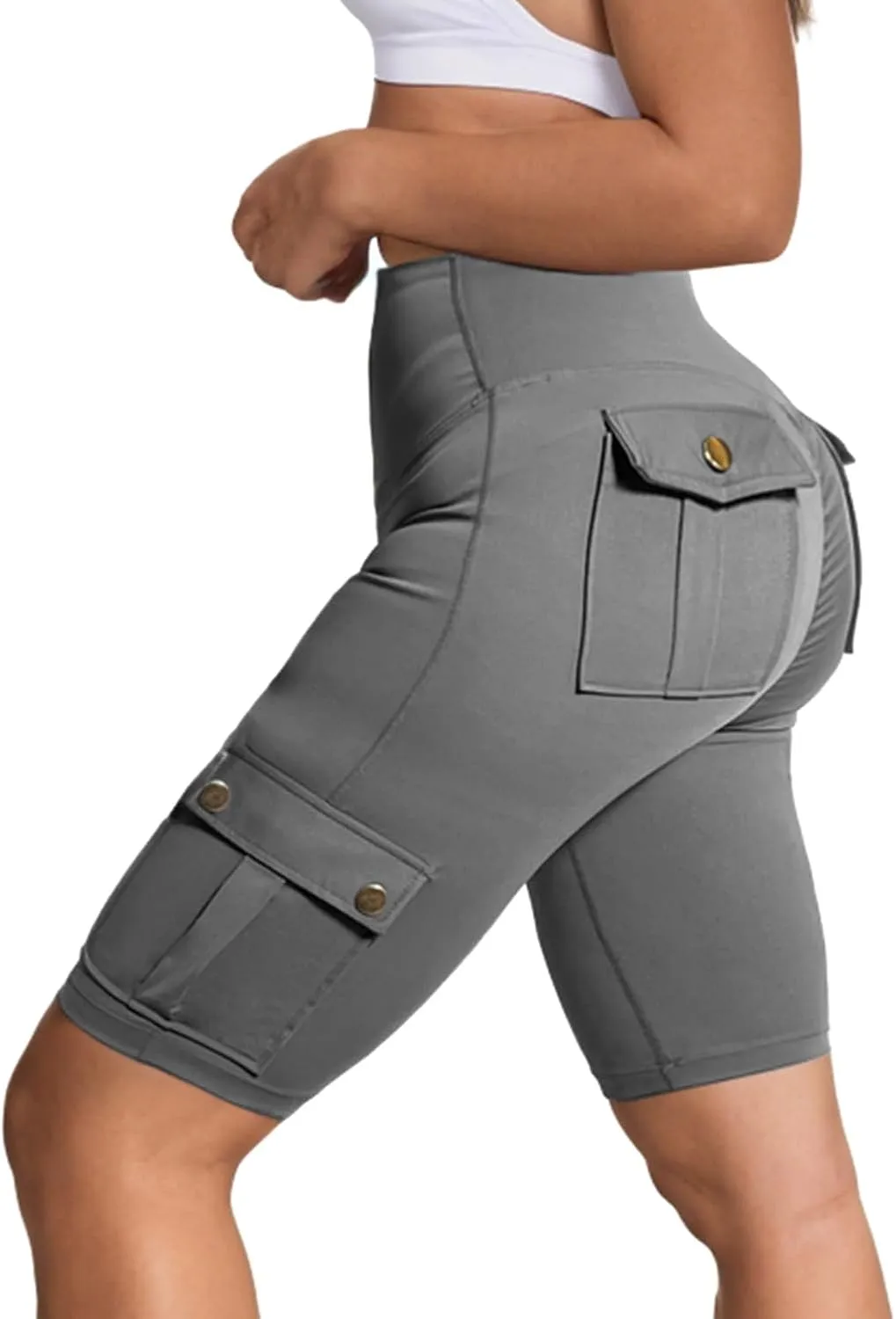 Womens Workout Shorts with Cargo Pockets High Waisted Scrunch Butt Gym Biker Booty Shorts