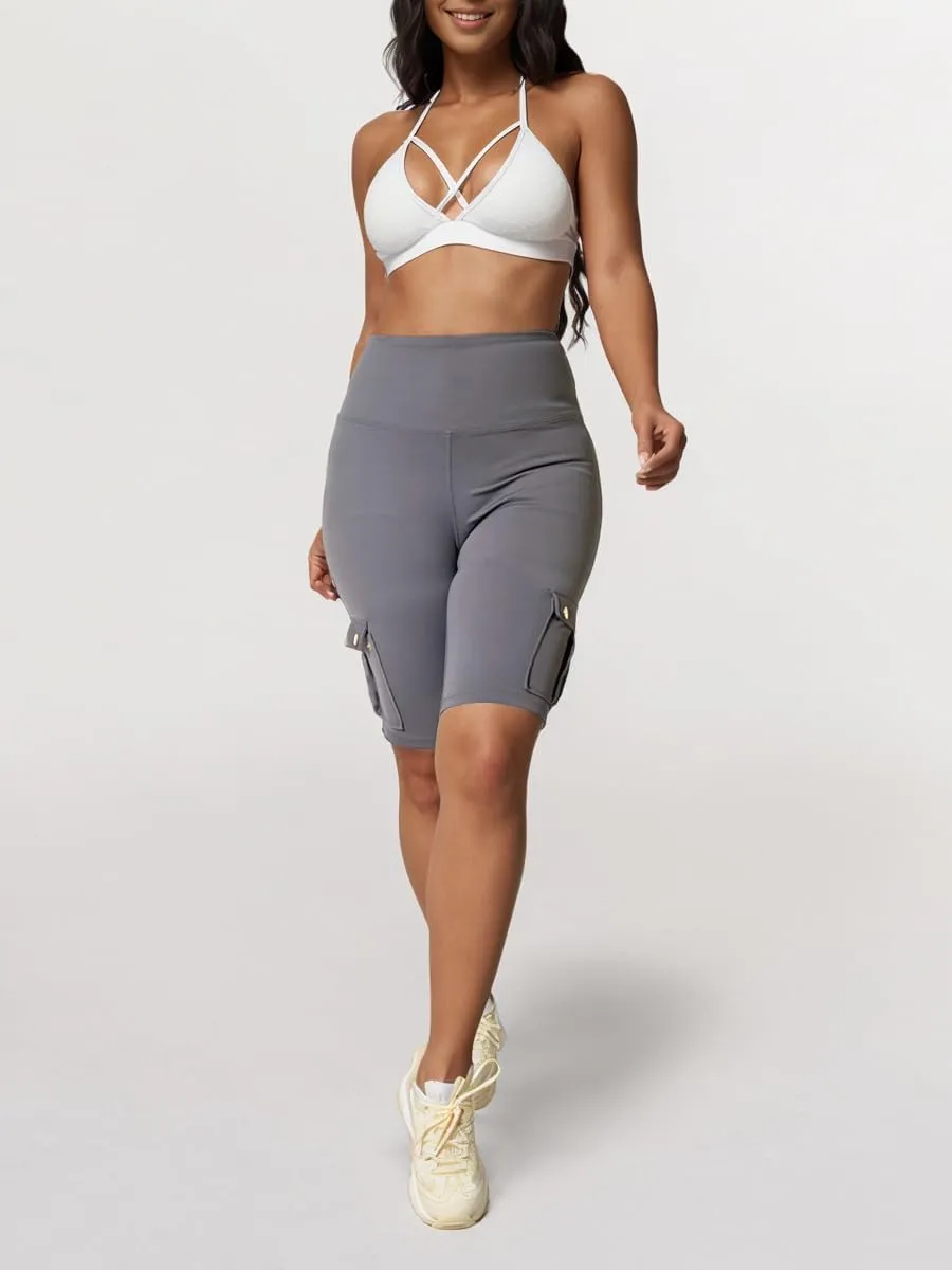 Womens Workout Shorts with Cargo Pockets High Waisted Scrunch Butt Gym Biker Booty Shorts