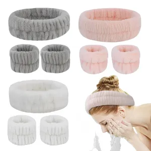 YARIEW Spa Headband and Wrist Washband Set, 9 Pieces - Women's Headband for Facial Care, Water Protection, Includes 3 Coral Fleece Face Wash Headbands and 6 Terry Cloth Wrist Bands